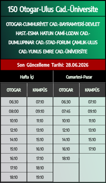 150 Otogar-Ulus Cad.-Üniversite Otobüs Saatleri - Denizli Otobüs Saatleri - Belediye Seferleri Büyükşehir Belediyesi