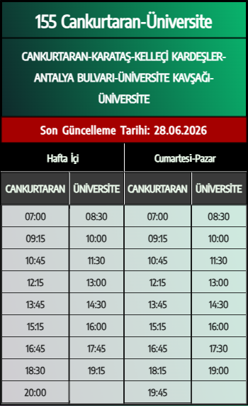155 Cankurtaran-Üniversite Otobüs Saatleri - Denizli Otobüs Saatleri - Belediye Seferleri Büyükşehir Belediyesi