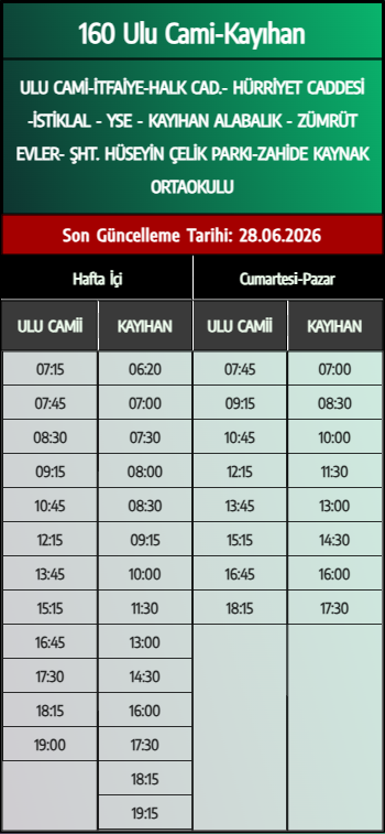 160 Ulu Cami-Kayıhan Otobüs Saatleri - Denizli Otobüs Saatleri - Belediye Seferleri Büyükşehir Belediyesi