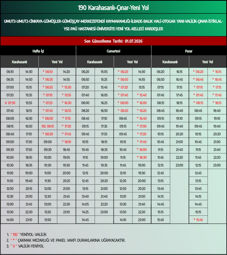 190 Karahasanlı-Çınar-Yeni Yol Otobüs Saatleri - Denizli Otobüs Saatleri - Belediye Seferleri Büyükşehir Belediyesi