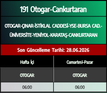 191 Otogar-Cankurtaran Otobüs Saatleri - Denizli Otobüs Saatleri - Belediye Seferleri Büyükşehir Belediyesi