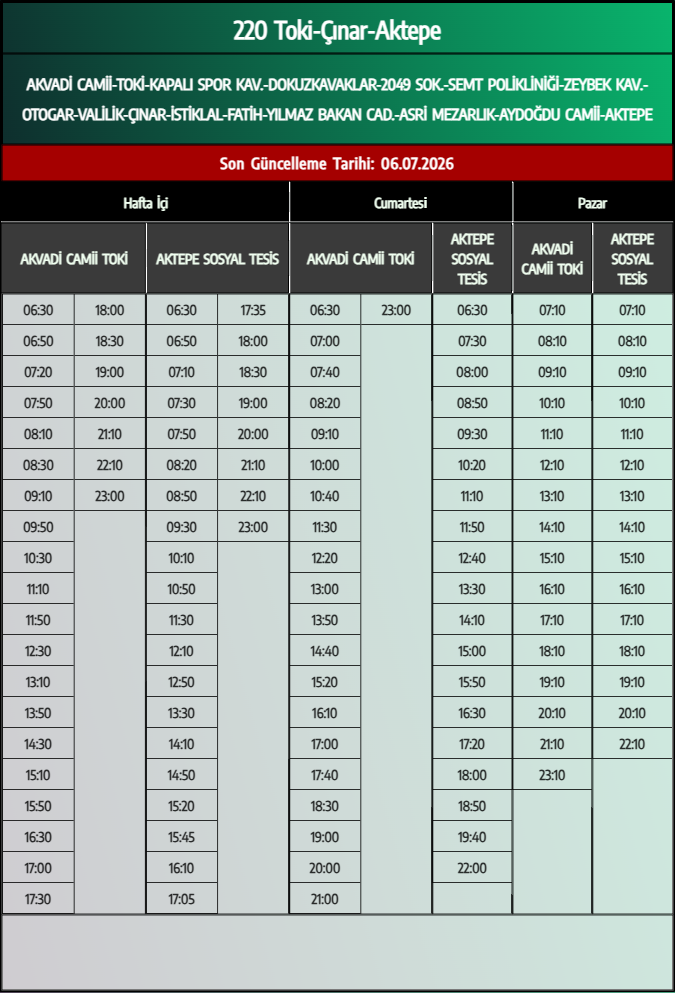 220 Toki-Çınar-Aktepe Otobüs Saatleri - Denizli Otobüs Saatleri - Belediye Seferleri Büyükşehir Belediyesi