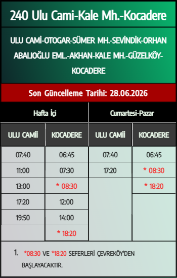 240 Ulu Cami-Kale Mh.-Kocadere Otobüs Saatleri - Denizli Otobüs Saatleri - Belediye Seferleri Büyükşehir Belediyesi