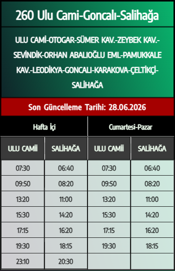260 Ulu Cami-Goncalı-Salihağa Otobüs Saatleri - Denizli Otobüs Saatleri - Belediye Seferleri Büyükşehir Belediyesi