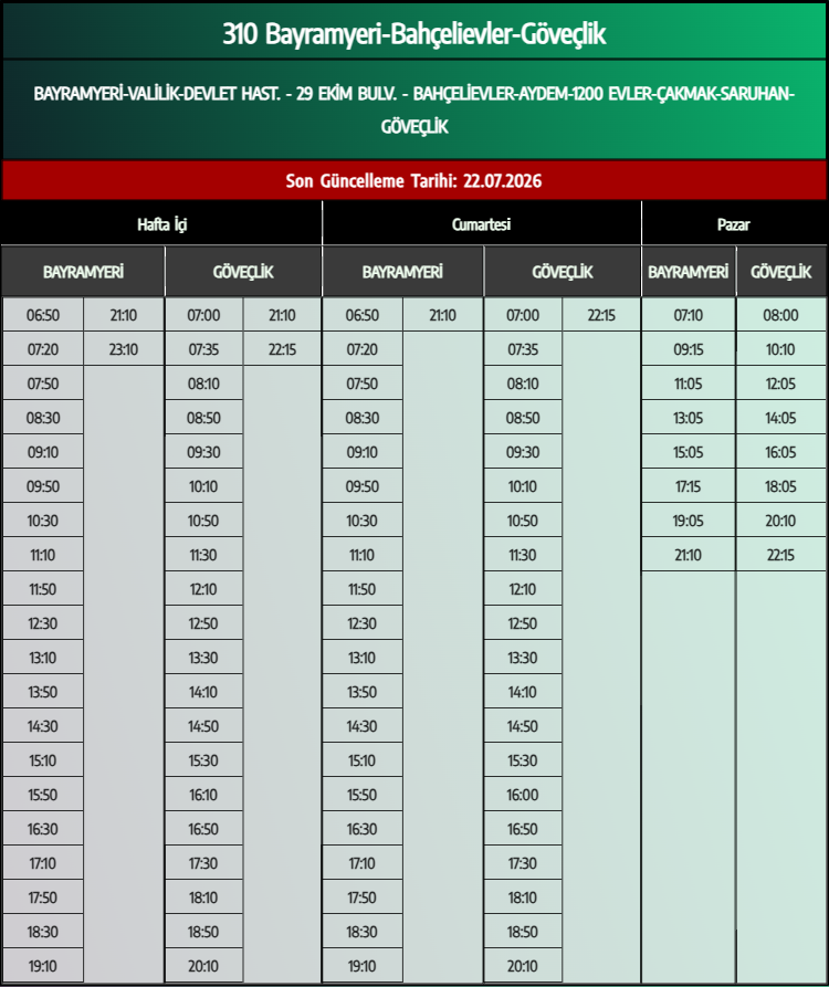 310 Bayramyeri-Bahçelievler-Göveçlik Otobüs Saatleri - Denizli Otobüs Saatleri - Belediye Seferleri Büyükşehir Belediyesi