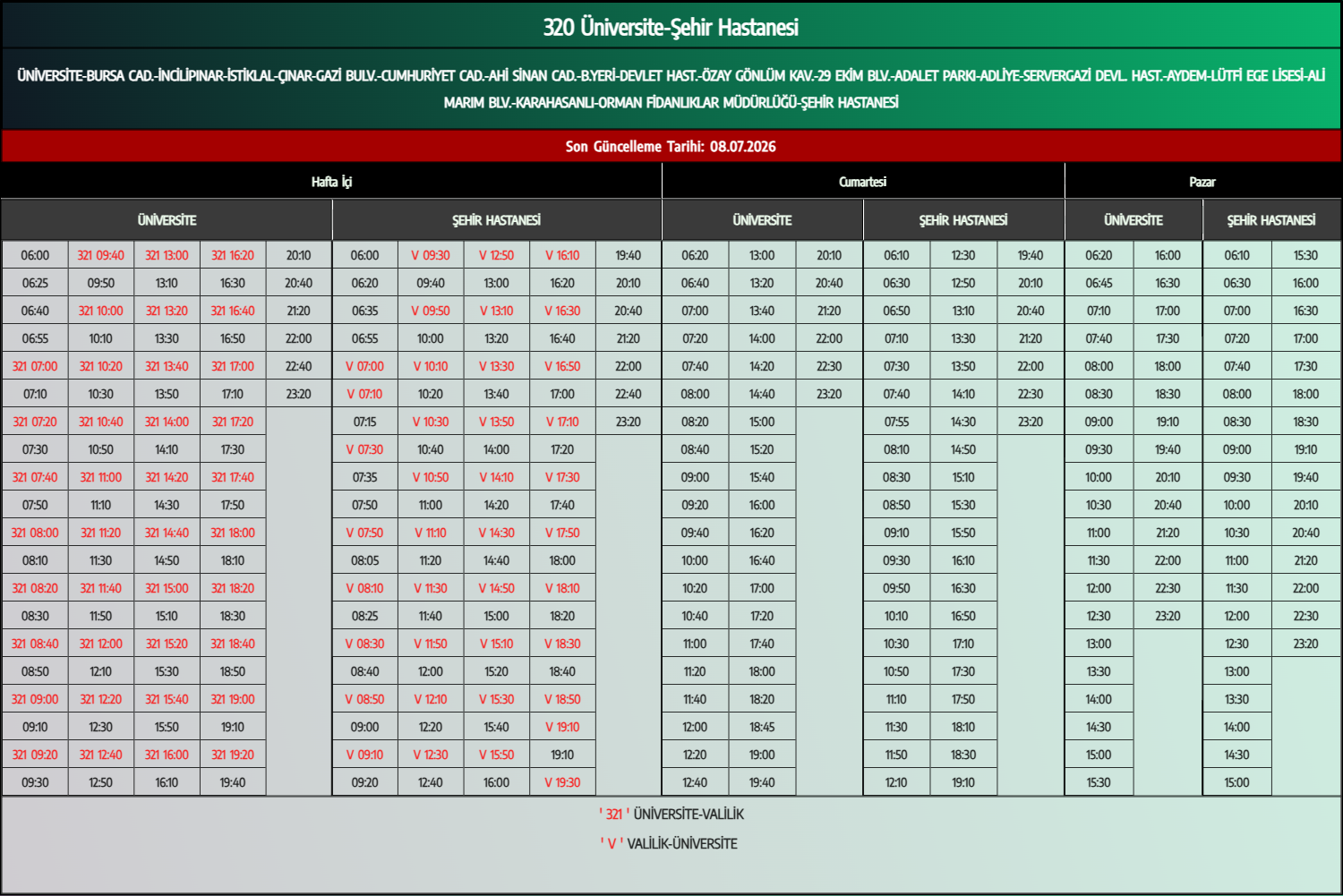 320 Üniversite-Şehir Hastanesi Otobüs Saatleri - Denizli Otobüs Saatleri - Belediye Seferleri Büyükşehir Belediyesi