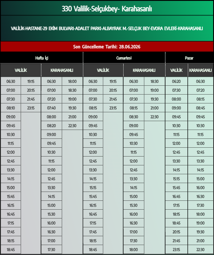 330 Valilik-Selçukbey- Karahasanlı Otobüs Saatleri - Denizli Otobüs Saatleri - Belediye Seferleri Büyükşehir Belediyesi