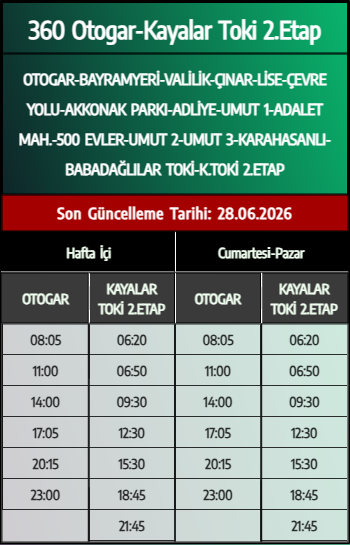 360 Otogar-Kayalar Toki 2.Etap Otobüs Saatleri - Denizli Otobüs Saatleri - Belediye Seferleri Büyükşehir Belediyesi