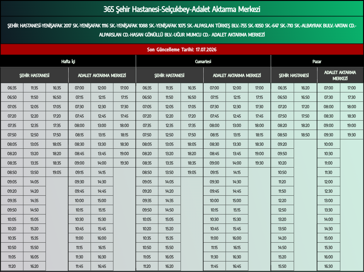 365 Şehir Hastanesi-Selçukbey-Adalet Aktarma Merkezi Otobüs Saatleri - Denizli Otobüs Saatleri - Belediye Seferleri Büyükşehir Belediyesi