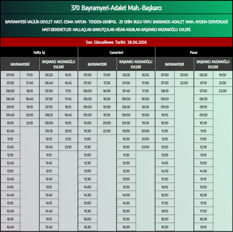 370 Bayramyeri-Adalet Mah.-Başkarcı Otobüs Saatleri - Denizli Otobüs Saatleri - Belediye Seferleri Büyükşehir Belediyesi
