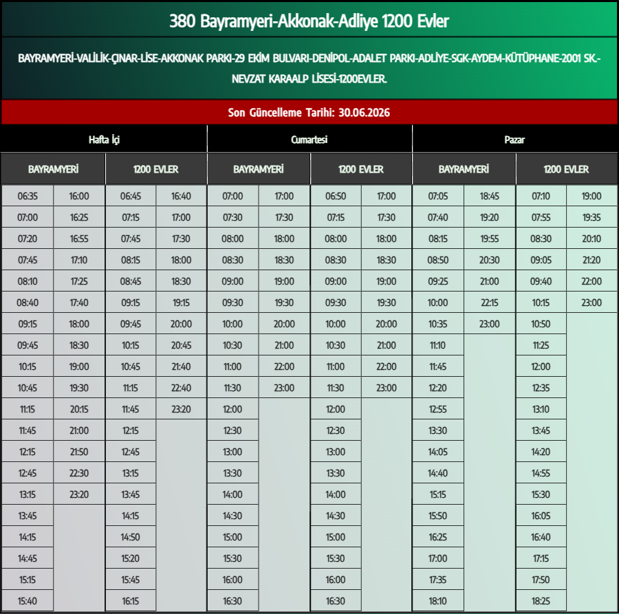 380 Bayramyeri-Akkonak-Adliye 1200 Evler Otobüs Saatleri - Denizli Otobüs Saatleri - Belediye Seferleri Büyükşehir Belediyesi