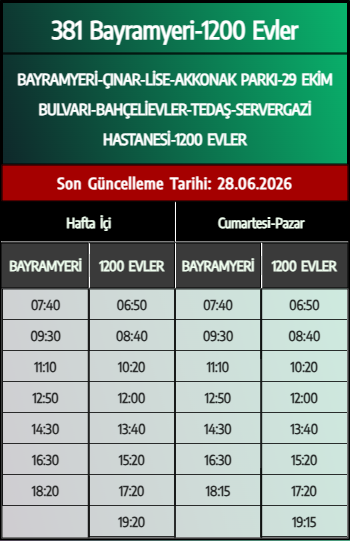 381 Bayramyeri-1200 Evler Otobüs Saatleri - Denizli Otobüs Saatleri - Belediye Seferleri Büyükşehir Belediyesi