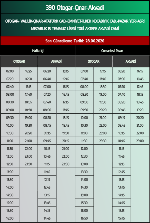 390 Otogar-Çınar-Akvadi Otobüs Saatleri - Denizli Otobüs Saatleri - Belediye Seferleri Büyükşehir Belediyesi