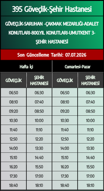 395 Göveçlik-Şehir Hastanesi Otobüs Saatleri - Denizli Otobüs Saatleri - Belediye Seferleri Büyükşehir Belediyesi