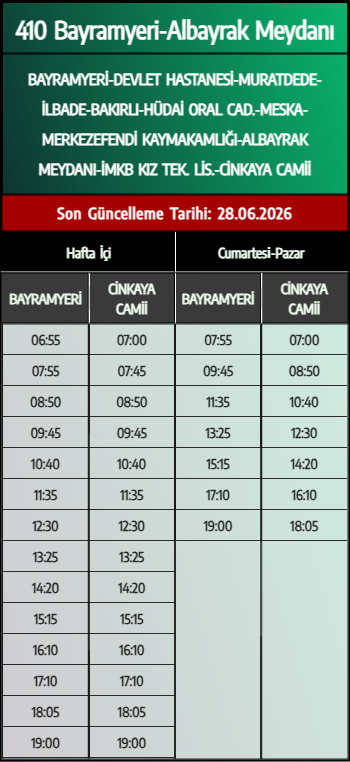 410 Bayramyeri-Albayrak Meydanı Otobüs Saatleri - Denizli Otobüs Saatleri - Belediye Seferleri Büyükşehir Belediyesi