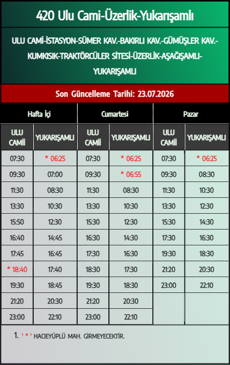 420 Ulu Cami-Üzerlik-Yukarışamlı Otobüs Saatleri - Denizli Otobüs Saatleri - Belediye Seferleri Büyükşehir Belediyesi