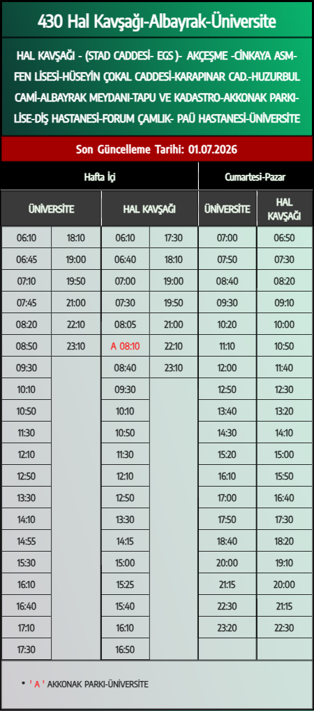 430 Hal Kavşağı-Albayrak-Üniversite Otobüs Saatleri - Denizli Otobüs Saatleri - Belediye Seferleri Büyükşehir Belediyesi