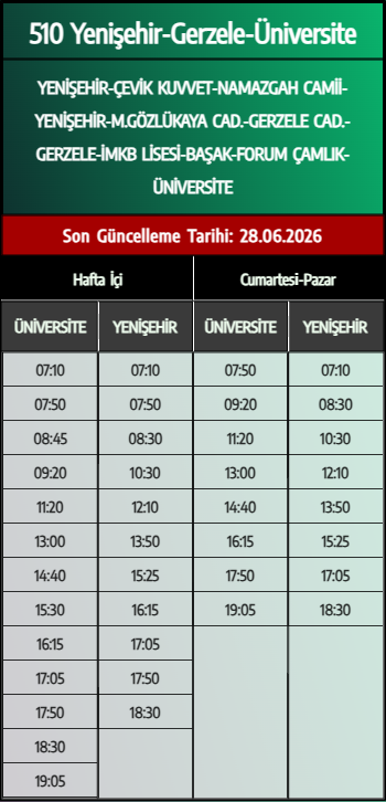 510 Yenişehir-Gerzele-Üniversite Otobüs Saatleri - Denizli Otobüs Saatleri - Belediye Seferleri Büyükşehir Belediyesi