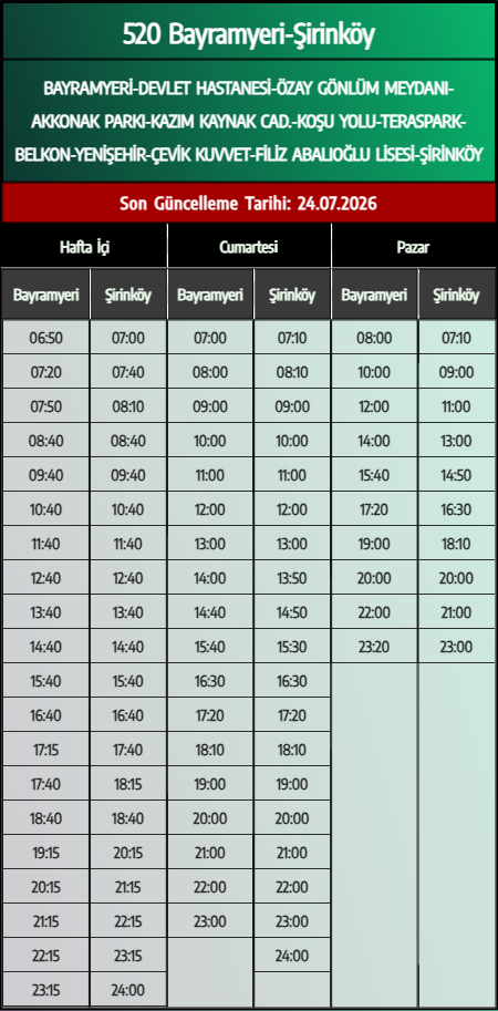 520 Bayramyeri-Şirinköy Otobüs Saatleri - Denizli Otobüs Saatleri - Belediye Seferleri Büyükşehir Belediyesi