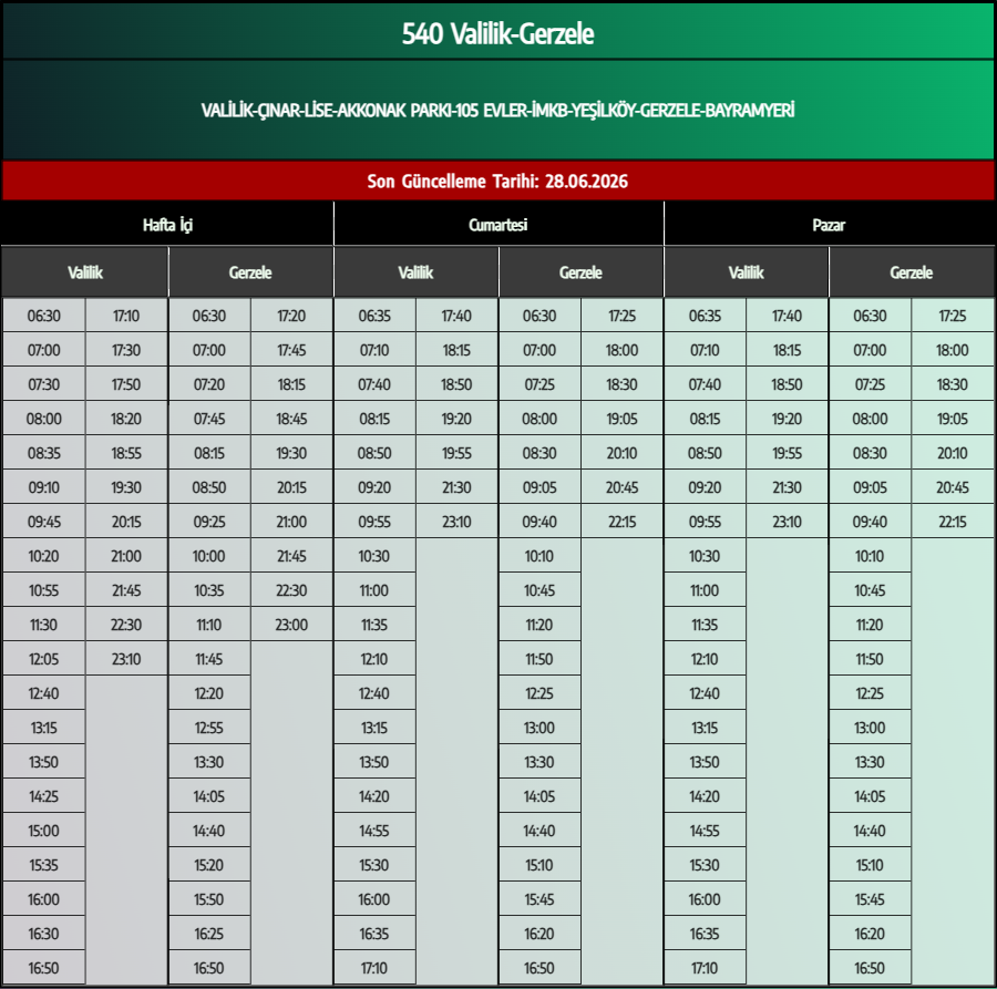 540 Valilik-Gerzele Otobüs Saatleri - Denizli Otobüs Saatleri - Belediye Seferleri Büyükşehir Belediyesi