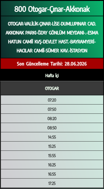800 Otogar-Çınar-Akkonak Otobüs Saatleri - Denizli Otobüs Saatleri - Belediye Seferleri Büyükşehir Belediyesi