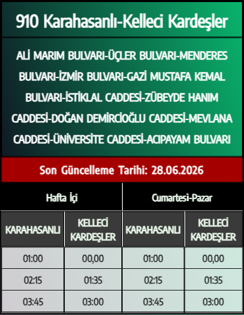 910 Karahasanlı-Kelleci Kardeşler Otobüs Saatleri - Denizli Otobüs Saatleri - Belediye Seferleri Büyükşehir Belediyesi
