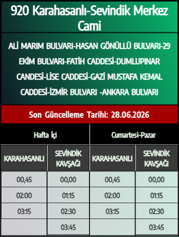 920 Karahasanlı-Sevindik Merkez Cami Otobüs Saatleri - Denizli Otobüs Saatleri - Belediye Seferleri Büyükşehir Belediyesi