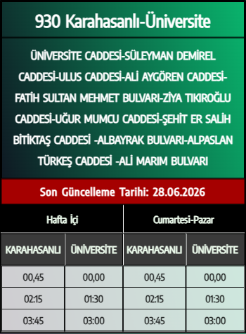 930 Karahasanlı-Üniversite Otobüs Saatleri - Denizli Otobüs Saatleri - Belediye Seferleri Büyükşehir Belediyesi
