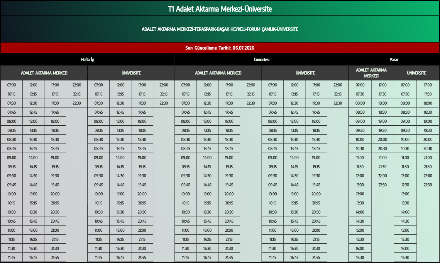 T1 Adalet Aktarma Merkezi-Üniversite Otobüs Saatleri - Denizli Otobüs Saatleri - Belediye Seferleri Büyükşehir Belediyesi