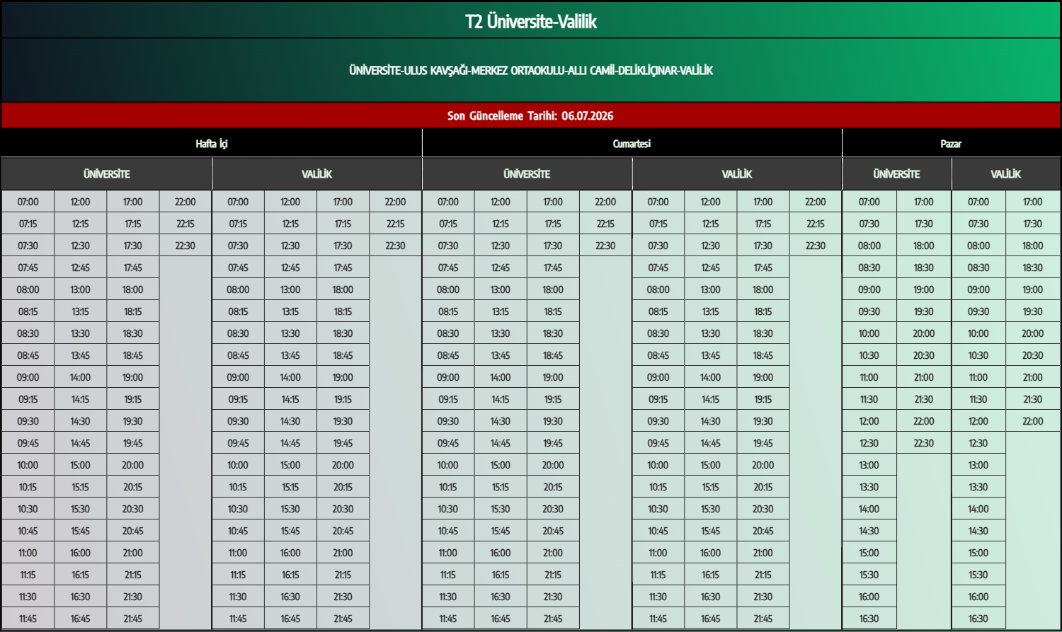 T2 Üniversite-Valilik Otobüs Saatleri - Denizli Otobüs Saatleri - Belediye Seferleri Büyükşehir Belediyesi