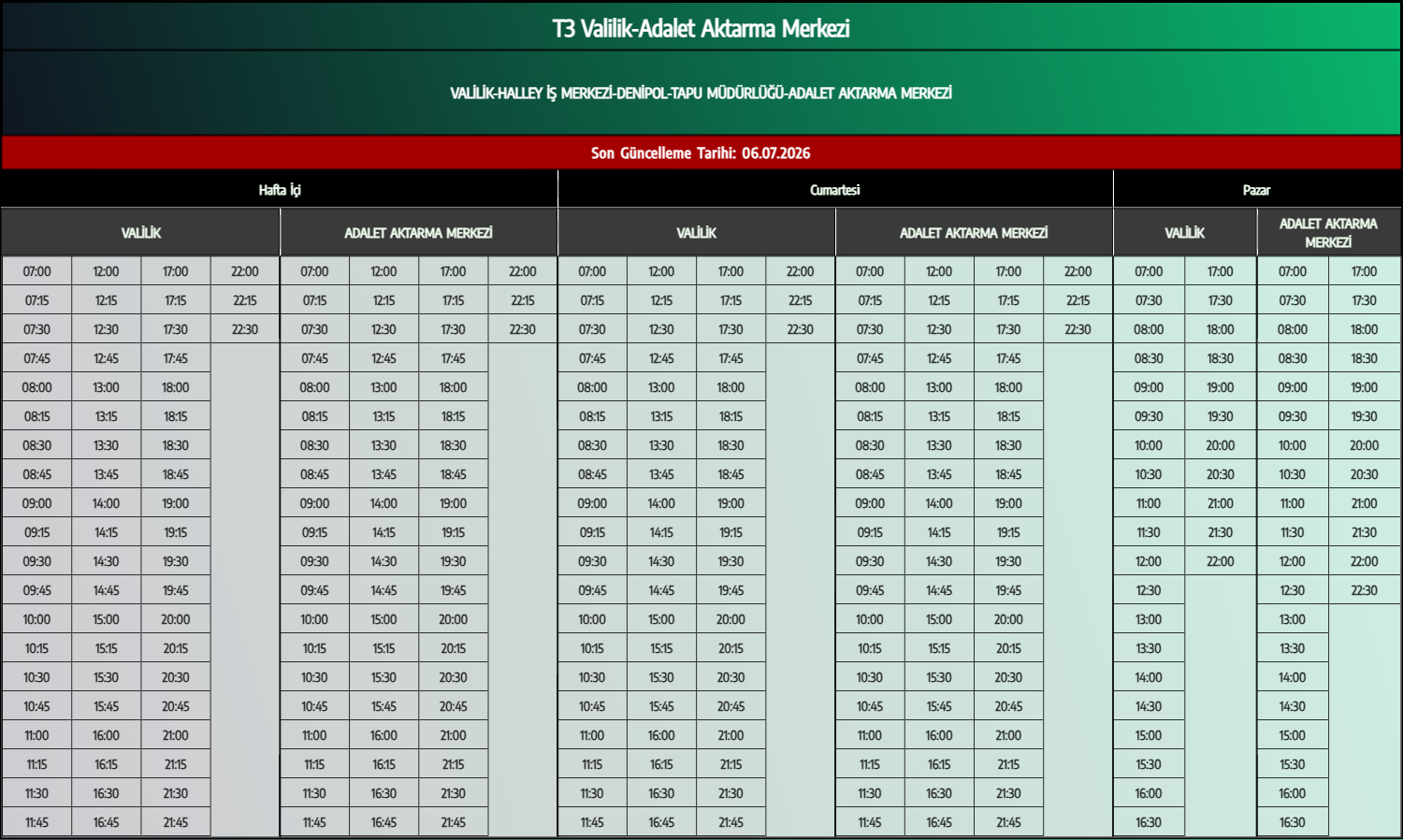 T3 Valilik-Adalet Aktarma Merkezi Otobüs Saatleri - Denizli Otobüs Saatleri - Belediye Seferleri Büyükşehir Belediyesi