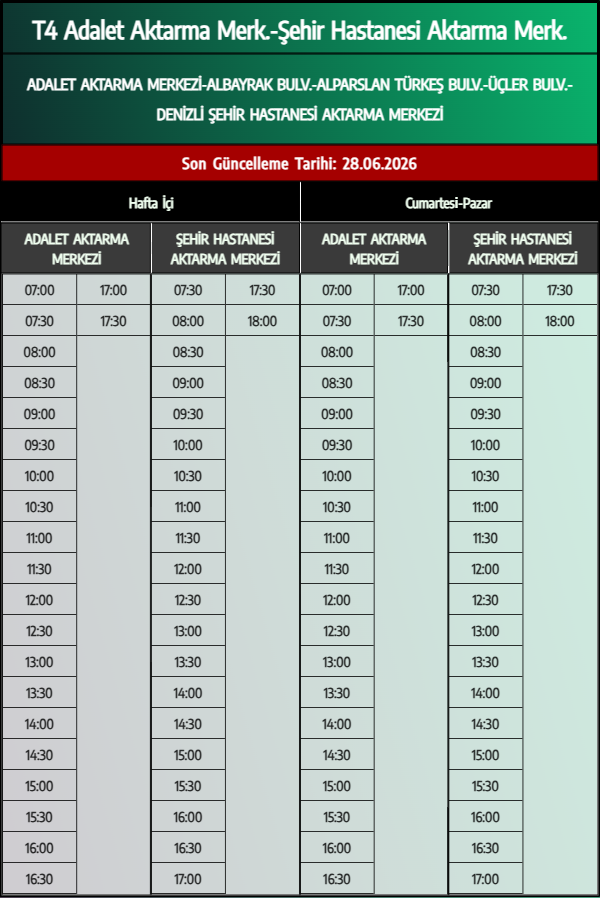 T4 Adalet Aktarma Merk.-Şehir Hastanesi Aktarma Merk. Otobüs Saatleri - Denizli Otobüs Saatleri - Belediye Seferleri Büyükşehir Belediyesi